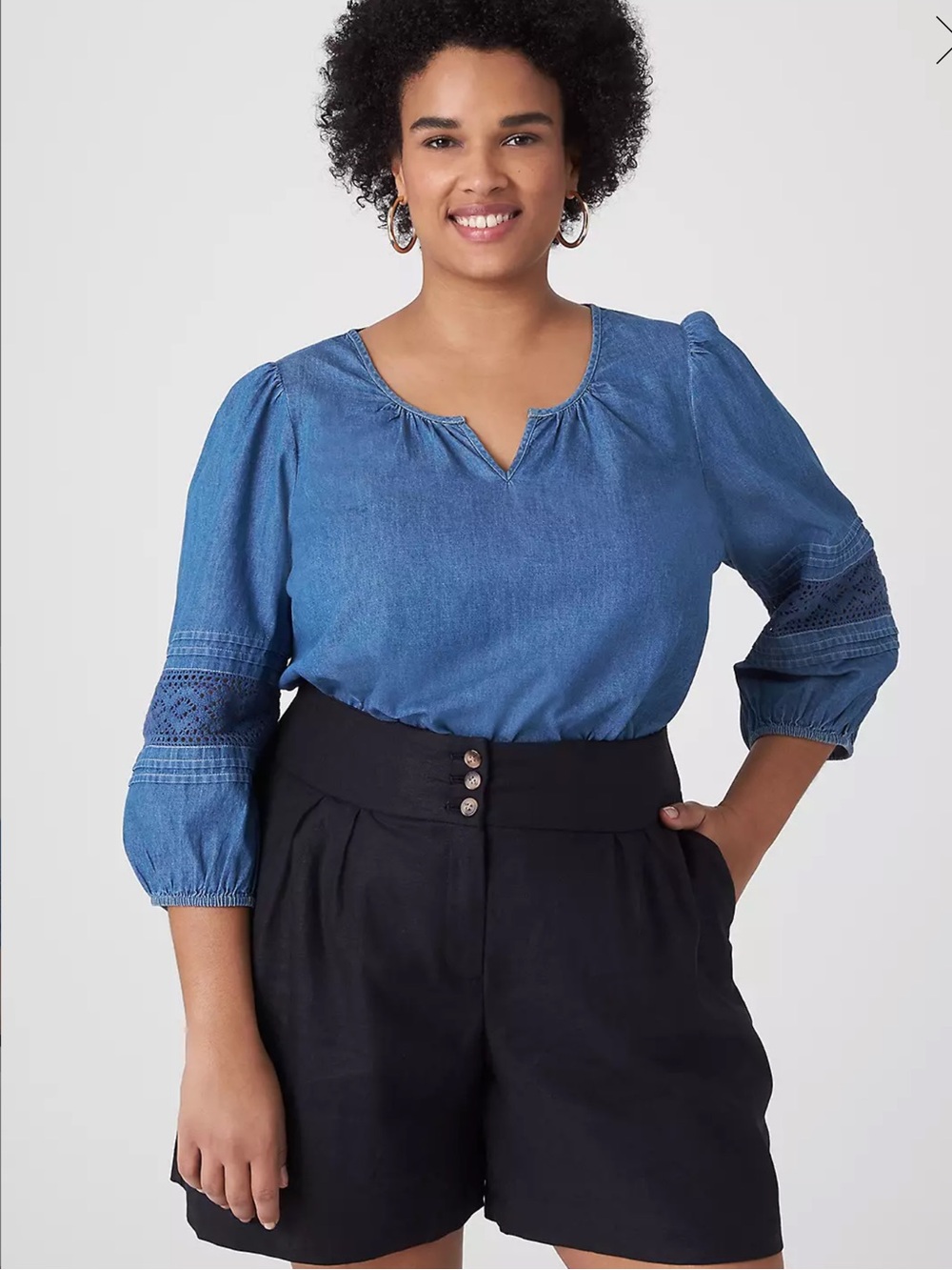 Lane Bryant Chambray 3/4 Sleeve Peasant Blouse Womens Plus Sz 26